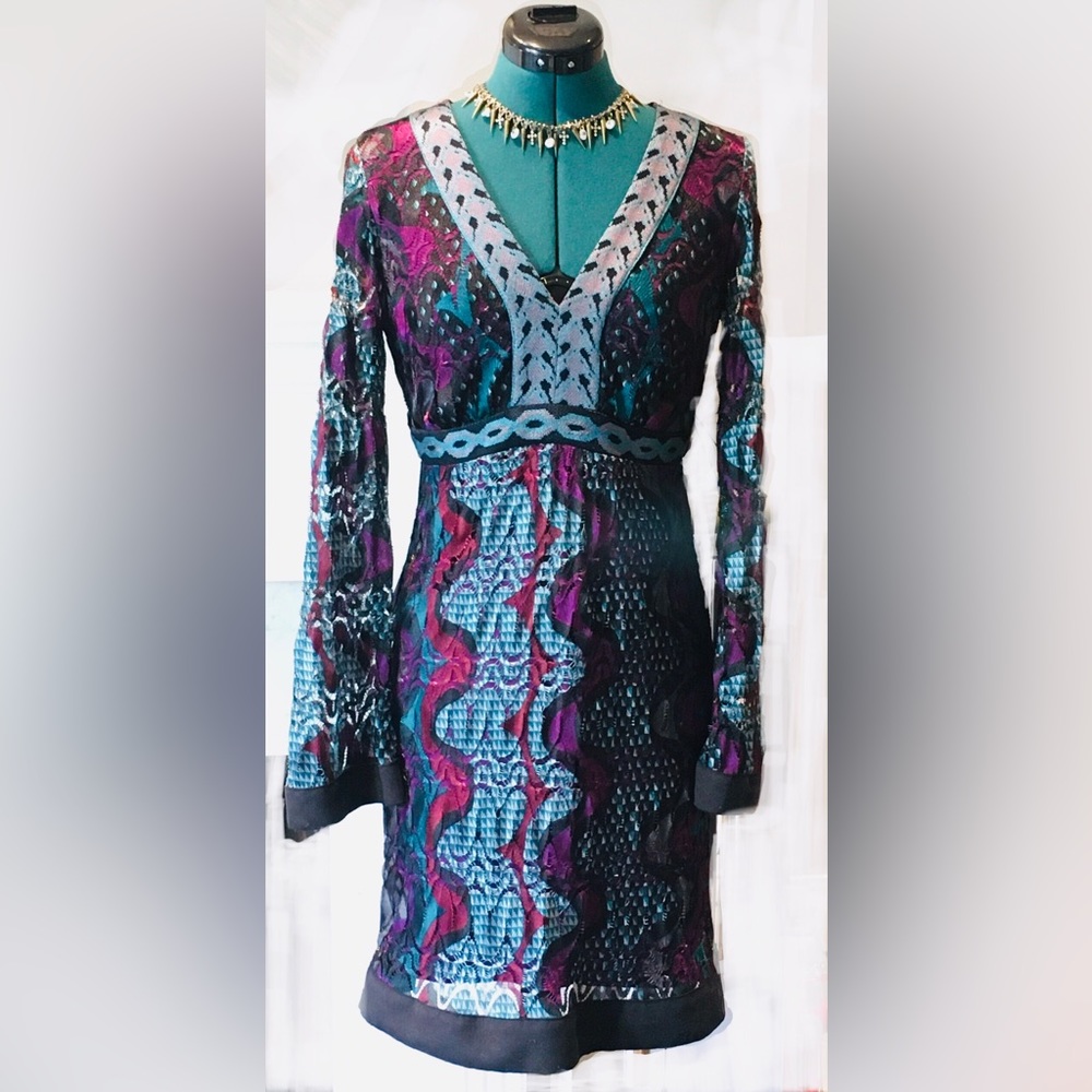 HALE BOB long-sleeve V-neck blue purple midi dress Lace Geometric Stretch Jewel